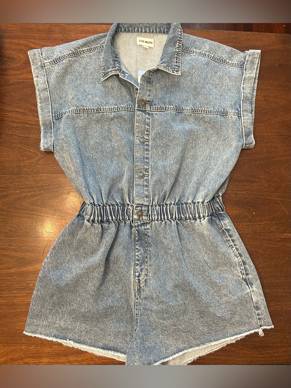 Steve Madden Light Wash Denim Romper with Elastic Waist
